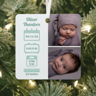 Green Newborn Birth Stats Metal Tree Decoration