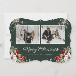 Green Newlywed Botanical Photo Merry Christmas Holiday Card