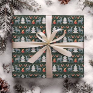Green Nordic Reindeer Christmas Tree Floral Wrapping Paper