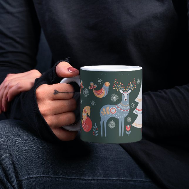 Green Nordic Reindeer Christmas Tree Holiday Coffee Mug (Creator Uploaded)