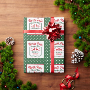 Green North Pole Reindeer express delivery dotted Wrapping Paper