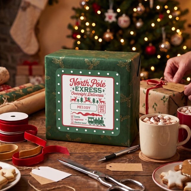 Green North Pole Santa express delivery dotted Square Sticker (Creator Uploaded)