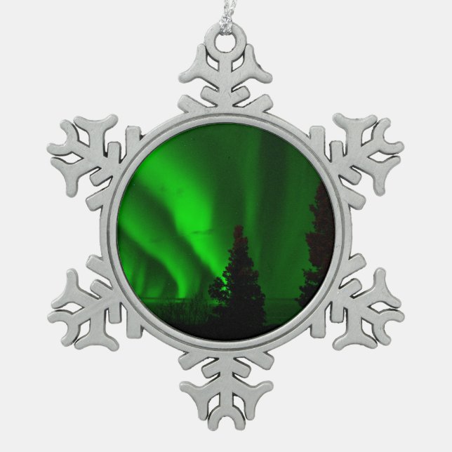 Green Northern Lights Snowflake Pewter Christmas Ornament (Front)