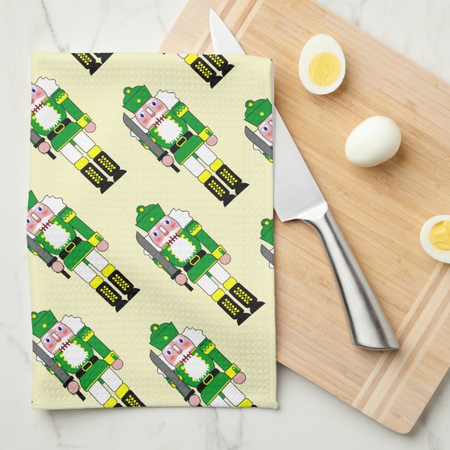 Green Nutcrackers Christmas Tea Towel (Quarter Fold)