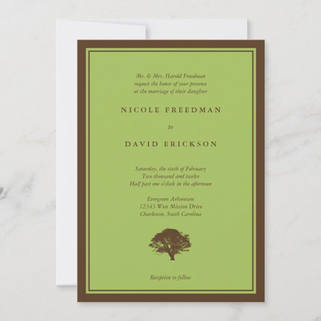 Green oak tree brown simple wedding invitation (Front)