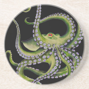Green Octopus Black Coaster