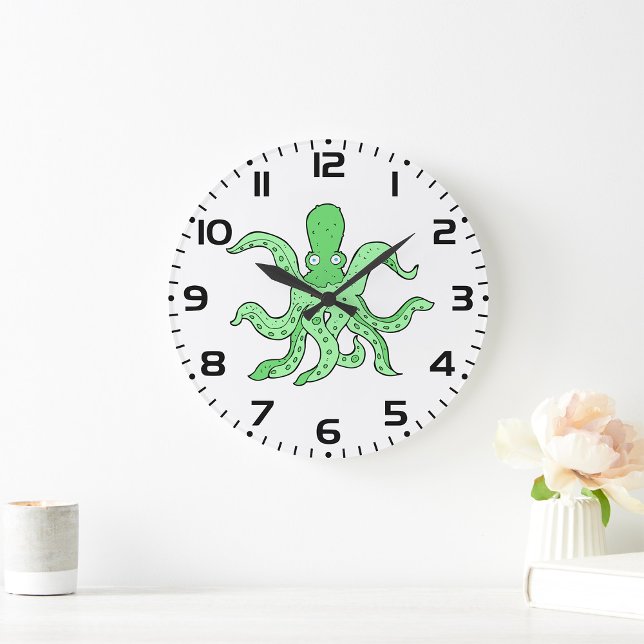 Green Octopus Character Quirky Sea Monster Large Clock (Creator Uploaded)