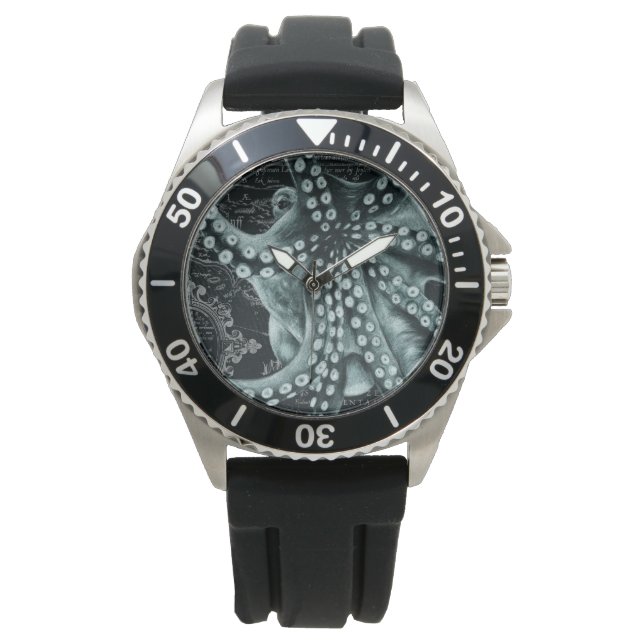 Green Octopus Coloured Pencil Map Watch (Front)