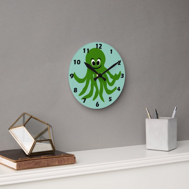 Green Octopus Design Round Clock (Office)