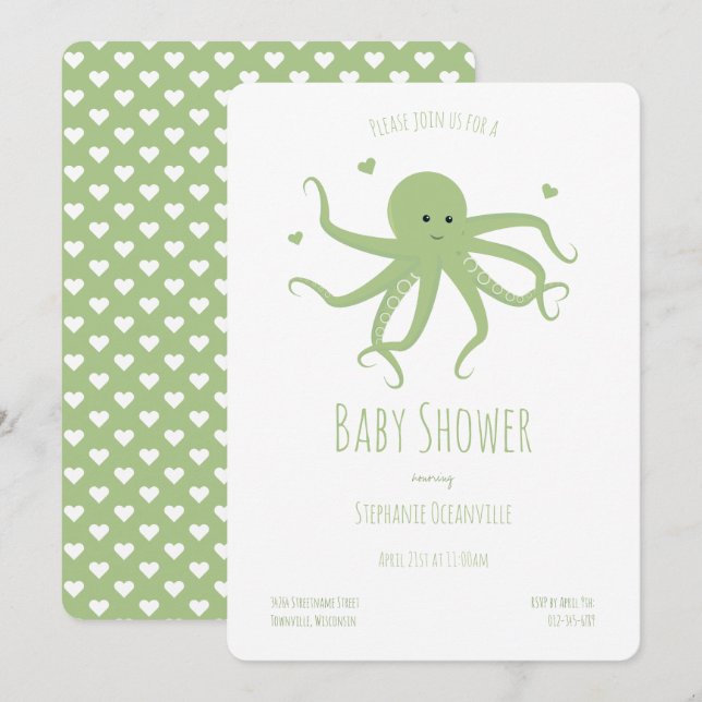 Green Octopus Hearts Cartoon Baby Shower Invitation (Front/Back)