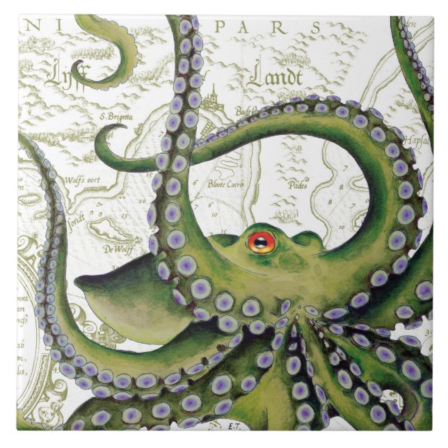 Green Octopus Vintage Map White Ceramic Tile (Front)