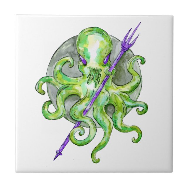 Green Octopus with Purple Trident Ceramic Tile (Front)
