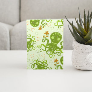 Green Octopuses With Flowers Card