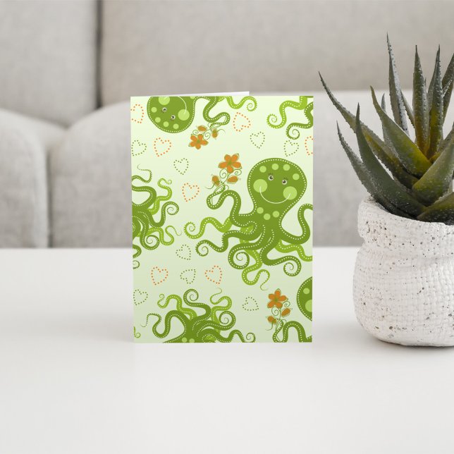 Green Octopuses With Flowers Card (Creator Uploaded)