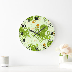Green Octopuses With Flowers Large Clock