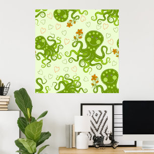 Green Octopuses With Flowers Poster