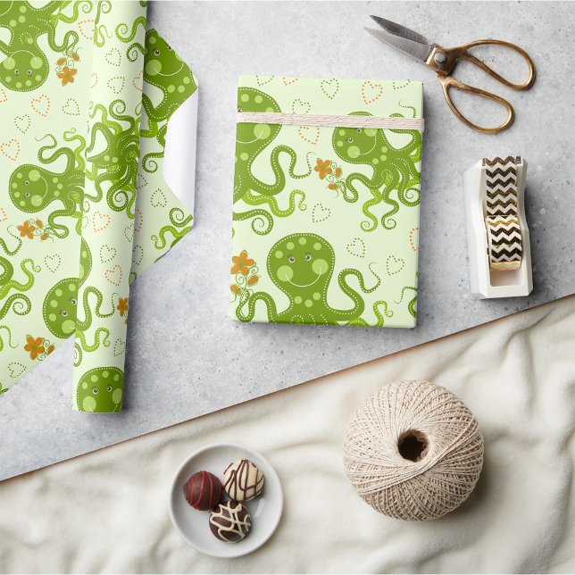 Green Octopuses With Flowers Wrapping Paper (Creator Uploaded)