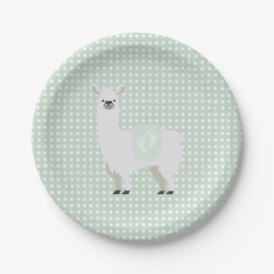 Green & Off-White Gender Neutral Llama Baby Shower Paper Plate