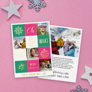 Green Oh What Fun Christmas Collage Snapshots Gold Foil Holiday Card