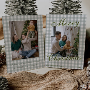 Green Old Money Gingham Family Photo Christmas Holiday Card