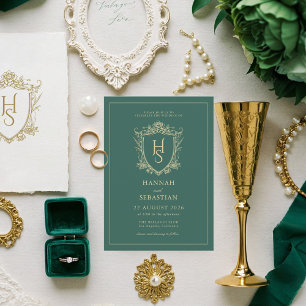 Green Old Money Vintage Crest Wedding Invitation