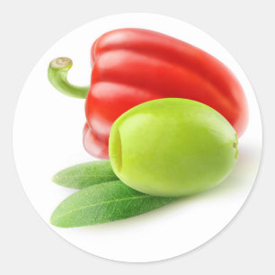 Green olive and red bell pepper classic round sticker