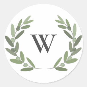 Green olive branch wreath monogram classic round sticker
