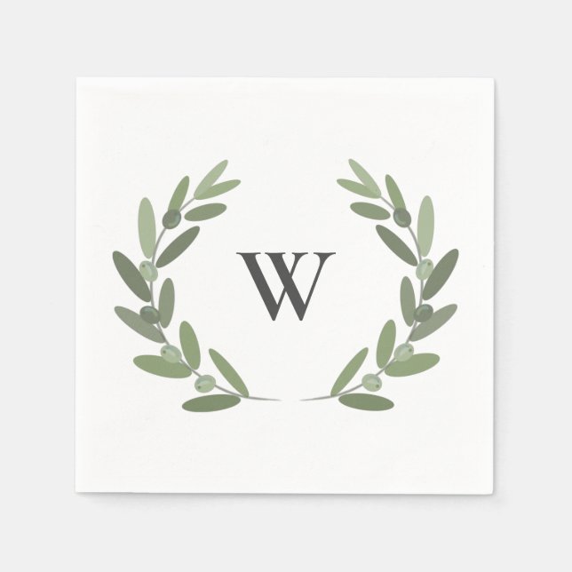 Green olive branch wreath monogram napkin (Front)