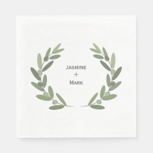 Green olive branch wreath personalise napkin