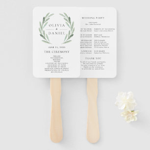 Green Olive Branch Wreath Rustic Wedding Program Hand Fan