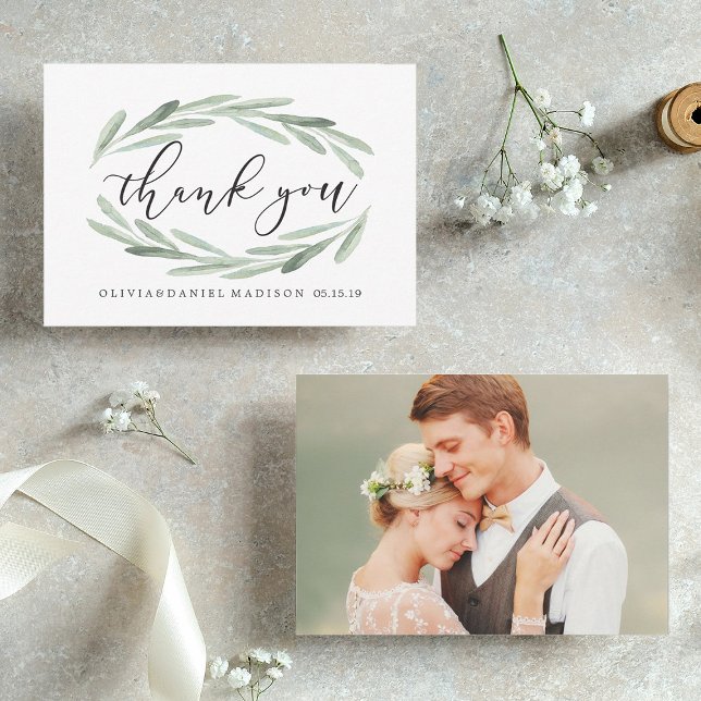 Green Olive Branch Wreath Wedding Photo Thank You Card (Front & Back)