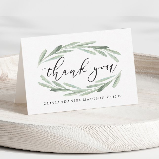 Green Olive Branch Wreath Wedding Thank You Card (Creator Uploaded)