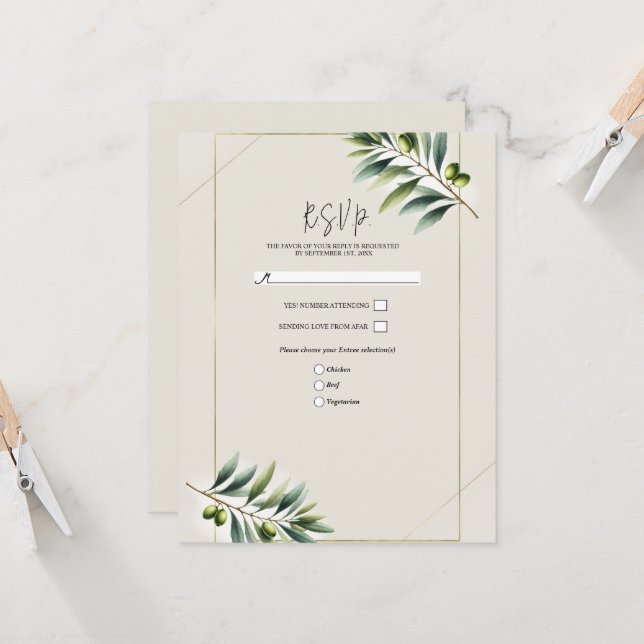 Green Olive Leaf Bone White & Gold Rustic RSVP Invitation (Front/Back In Situ)