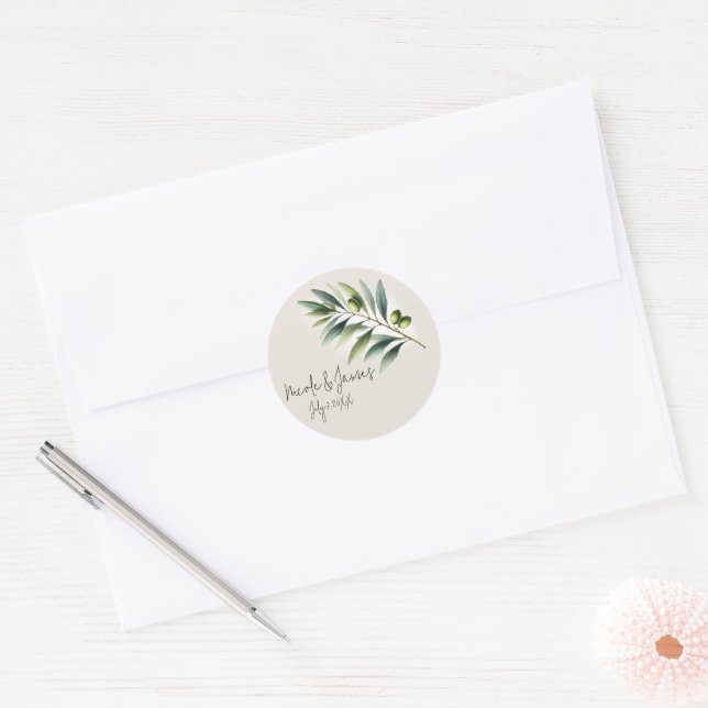 Green Olive Leaf Bone White & Gold Rustic Wedding Classic Round Sticker (Envelope)
