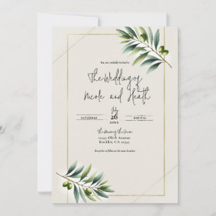 Green Olive Leaf Bone White & Gold Rustic Wedding Invitation