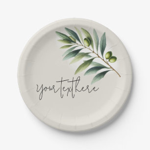 Green Olive Leaf Bone White & Gold Rustic Wedding Paper Plate