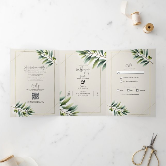 Green Olive Leaf Bone White & Gold Rustic Wedding Tri-Fold Invitation (Inside)