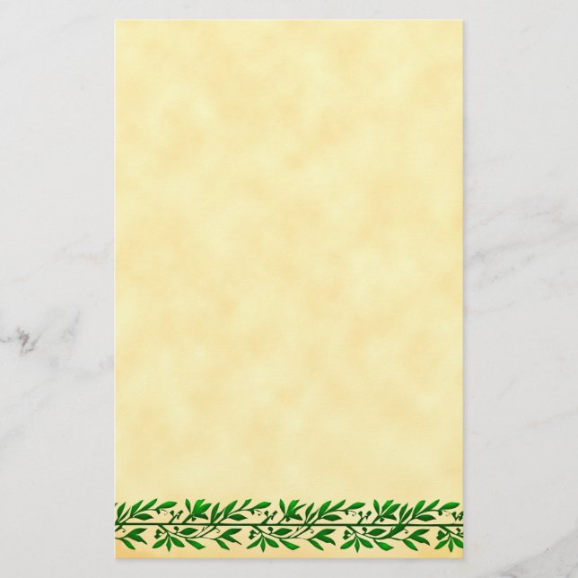 Green Olive Leaf Border Faux Parchment Stationery (Front)
