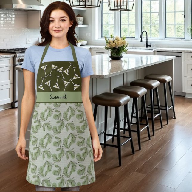 Green Olive & Martini Glass Pattern Personalizable Apron (all over print medium apron with template text)