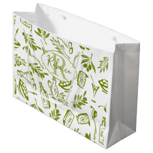 Green Olive Modern Monogram Name Script Watercolor Large Gift Bag