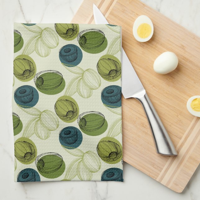Green Olive Sketch Drawing Pattern Tea Towel (Quarter Fold)