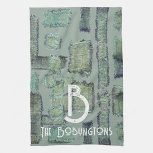 Green olive teal grey monogram abstract geometric  tea towel
