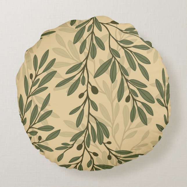 Green Olive Tree Branch Mediterranean Pattern Round Cushion (Back)