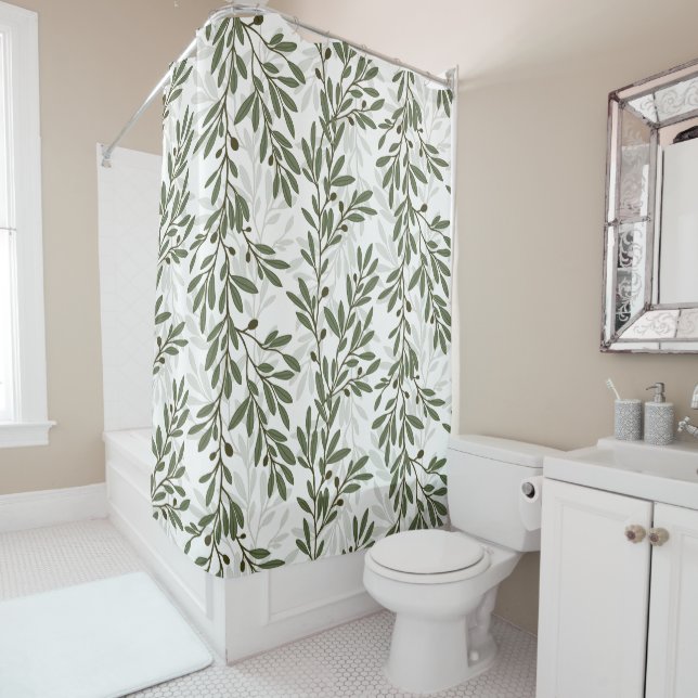 Green Olive Tree Branch Mediterranean Pattern Shower Curtain (In Situ)
