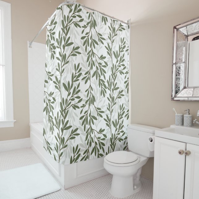 Green Olive Tree Branch Mediterranean Pattern Shower Curtain (In Situ)