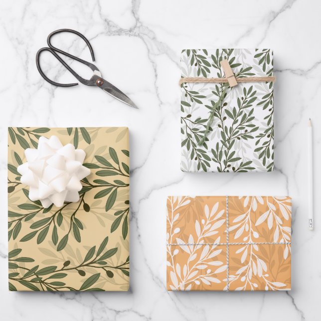 Green Olive Tree Branch Mediterranean Pattern Wrapping Paper Sheet (Front)