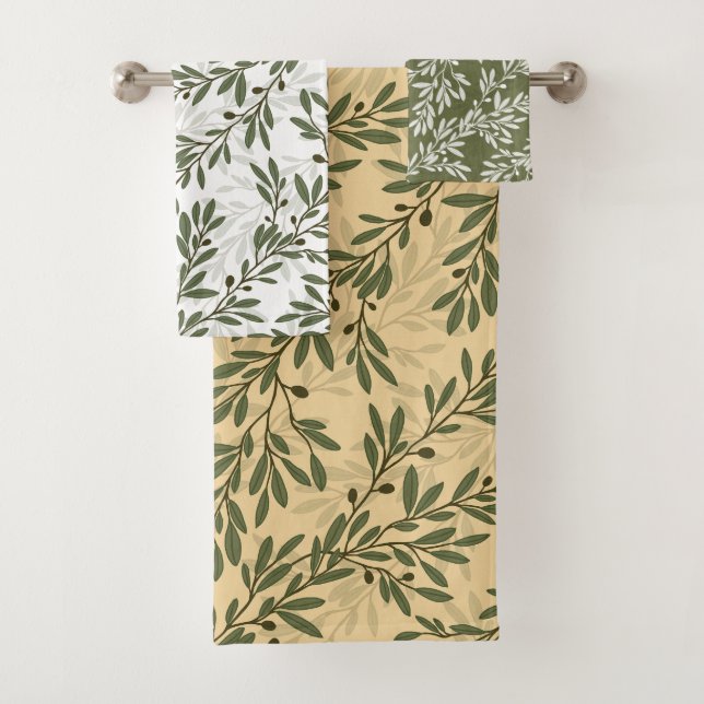 Green Olive Tree Branch Repeat Pattern Bath Towel Set (Insitu)