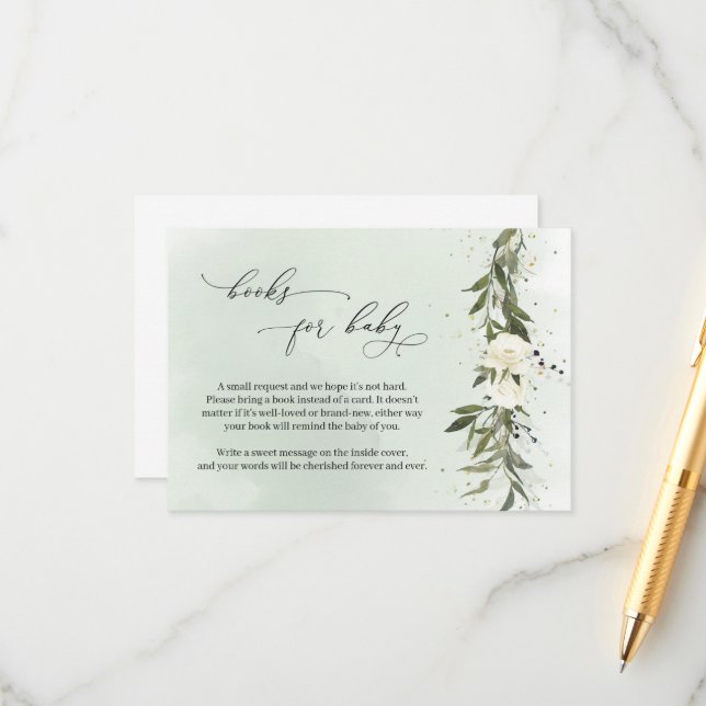 Green Olive Wreath White Floral Books For Baby Enclosure Card (Front/Back In Situ)