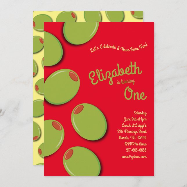 Green Olives Kid 1st Birthday Party Invitation (Front/Back)