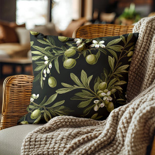 Green Olives Leaves Black Elegant Botanical Cushion